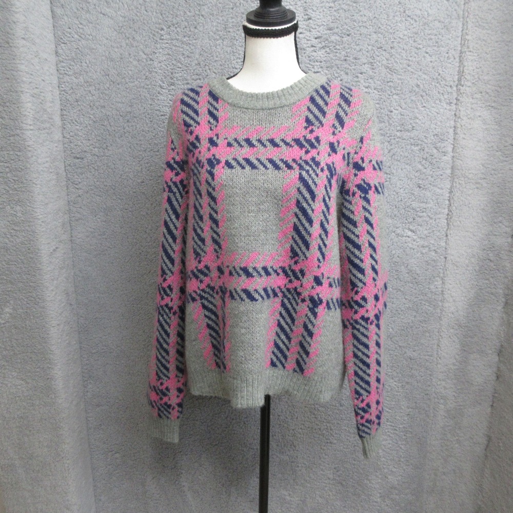 Plaid Preppy Sweater Women L Gray Pink Academia Crewneck Grandpacore Pullover
